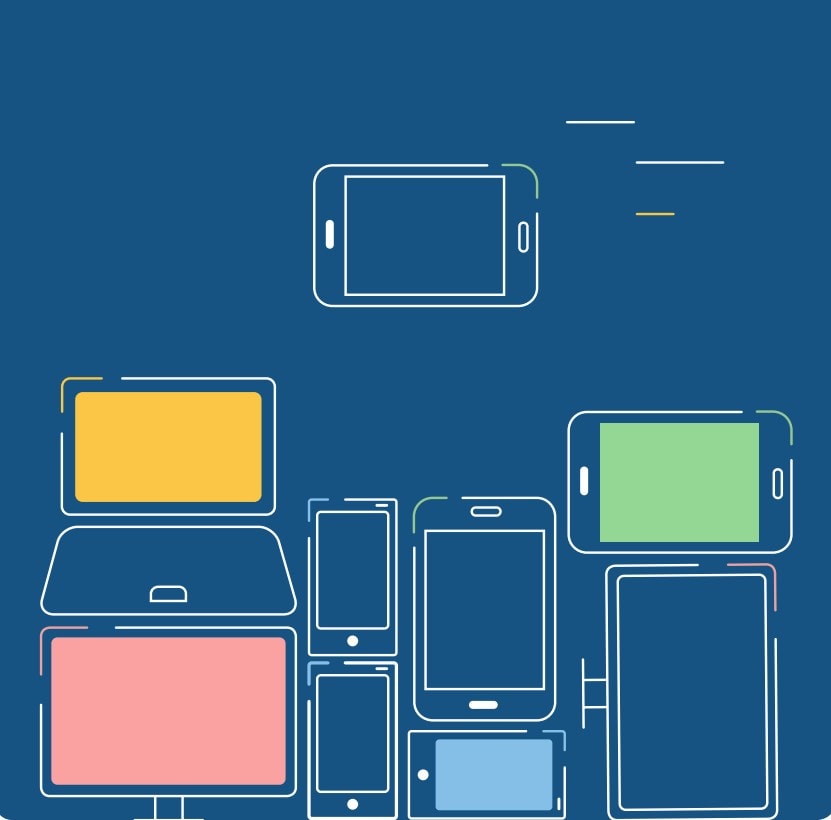 Tablettes et smartphones colorés sur fond bleu, illustration numérique moderne.